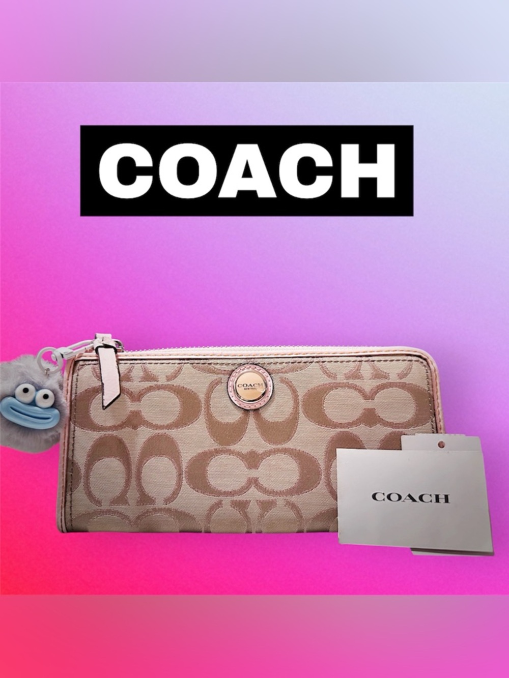 Vintage COACH Khaki Signature Canvas Zip Wallet with Pale Pink Trim - Picture 5 of 17